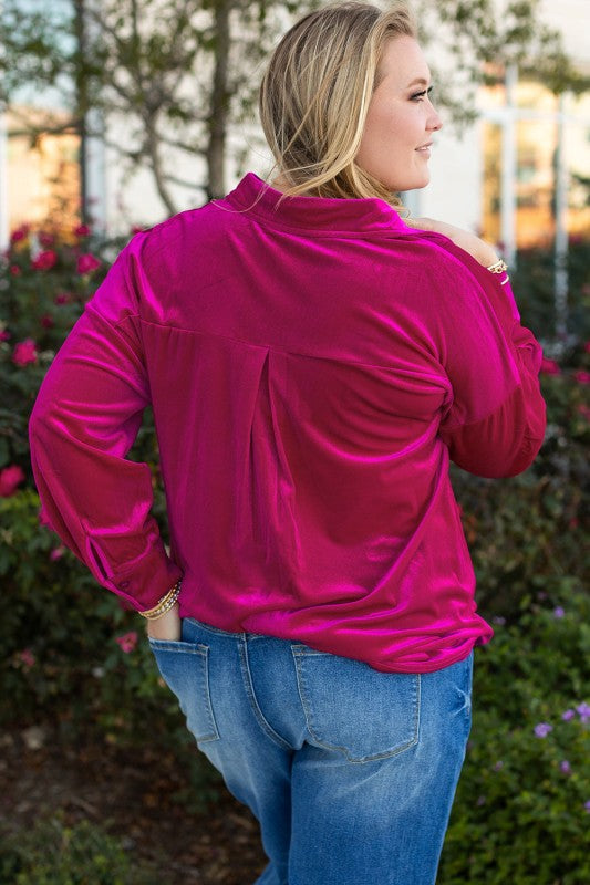 Women’s Plus Size Velvet Shirt Pocketed Fuchsia Button-Up Top | Zarnesh