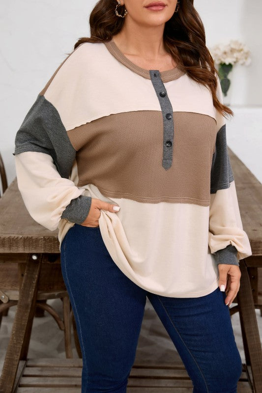 Women’s Plus Size Waffle Colorblock Henley Half-Button Top | Zarnesh