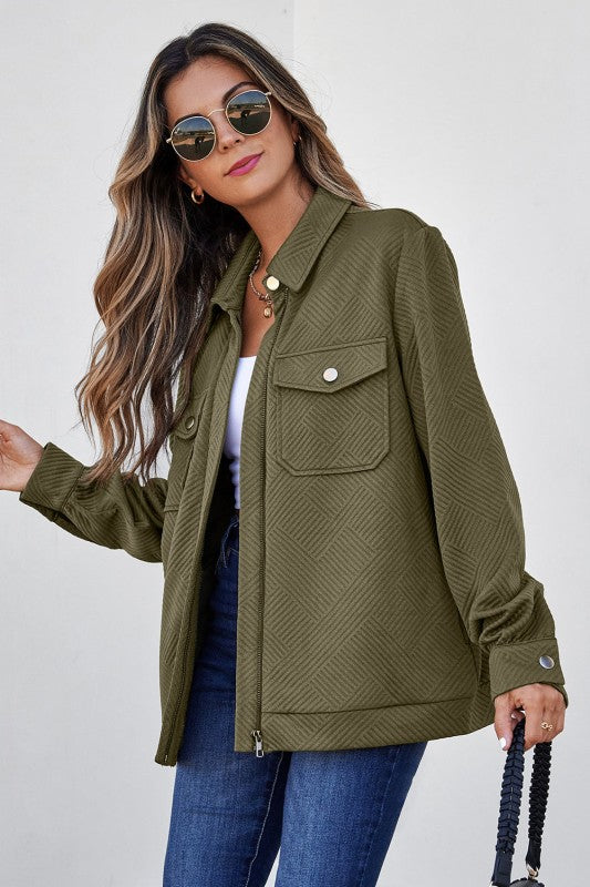 Women's Plus Solid Flap Pocket Shirt Zip Up Collar Jacket | Zarnesh
