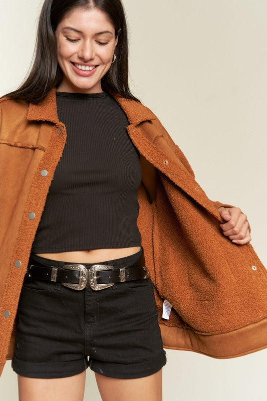 Women’s Plus Suede Button Down Sherpa Lined Jacket | Zarnesh