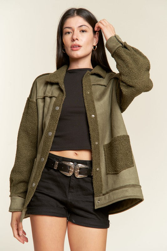 Women’s Plus Suede Button Down Sherpa Lined Jacket | Zarnesh
