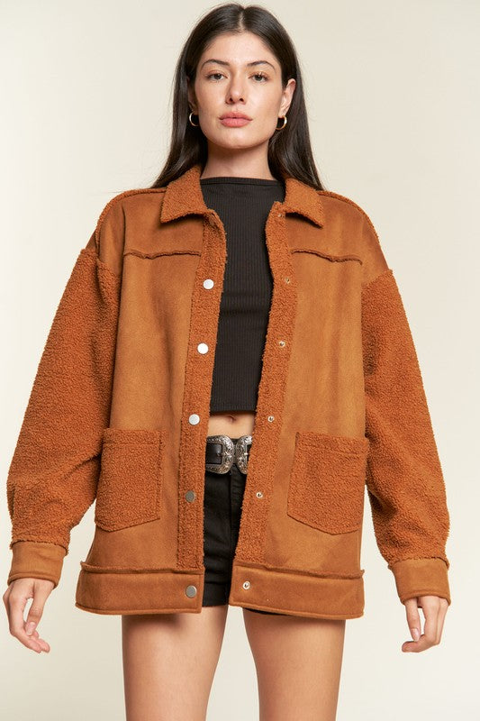Women’s Plus Suede Button Down Sherpa Lined Jacket | Zarnesh