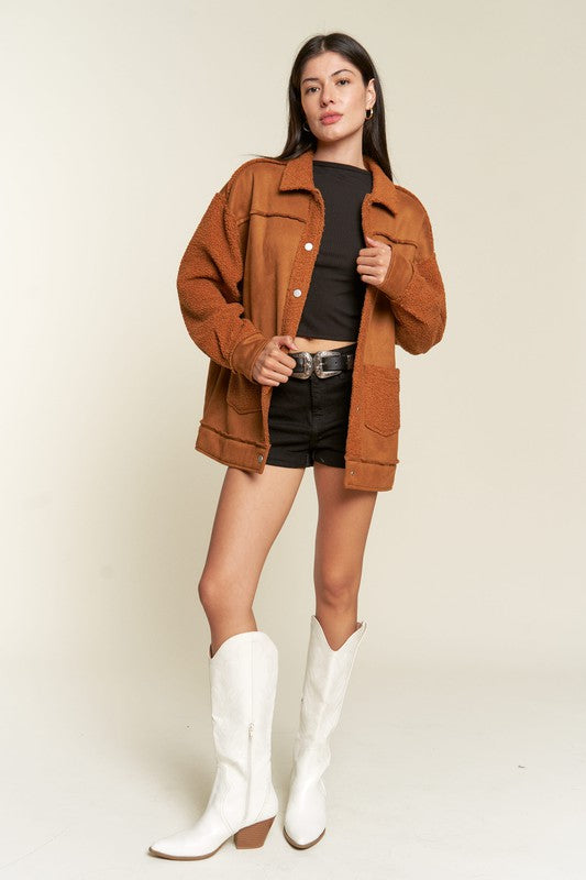 Women’s Plus Suede Button Down Sherpa Lined Jacket | Zarnesh