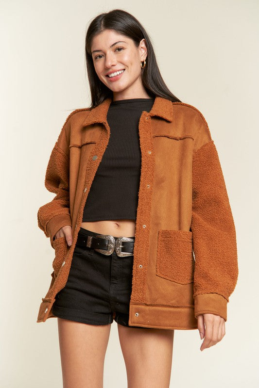 Women’s Plus Suede Button Down Sherpa Lined Jacket | Zarnesh