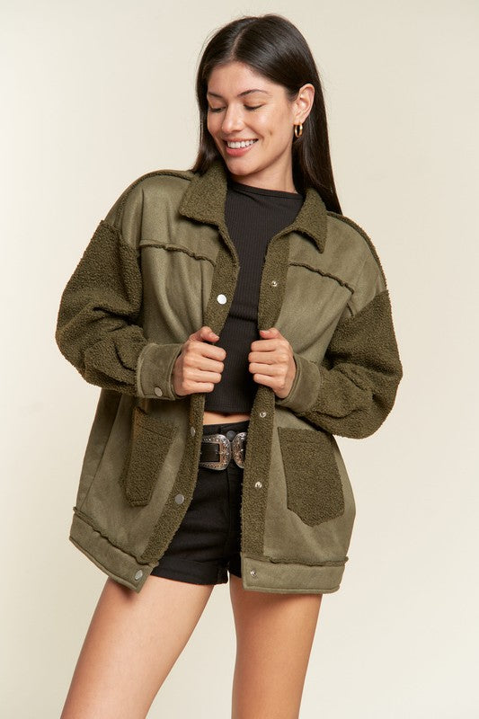Women’s Plus Suede Button Down Sherpa Lined Jacket | Zarnesh