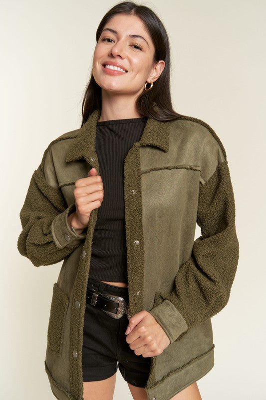 Women’s Plus Suede Button Down Sherpa Lined Jacket | Zarnesh