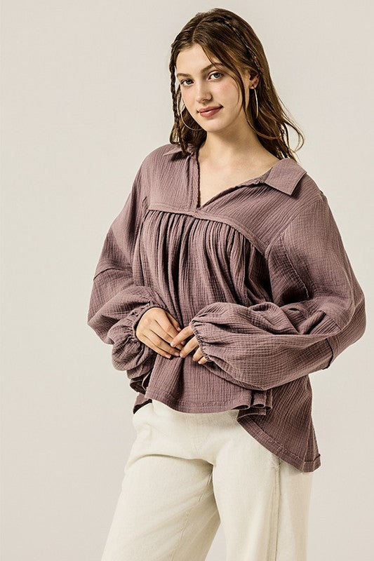 Women’s Plus V-Neck Cotton Bubble Sleeve Gauze Top | Zarnesh