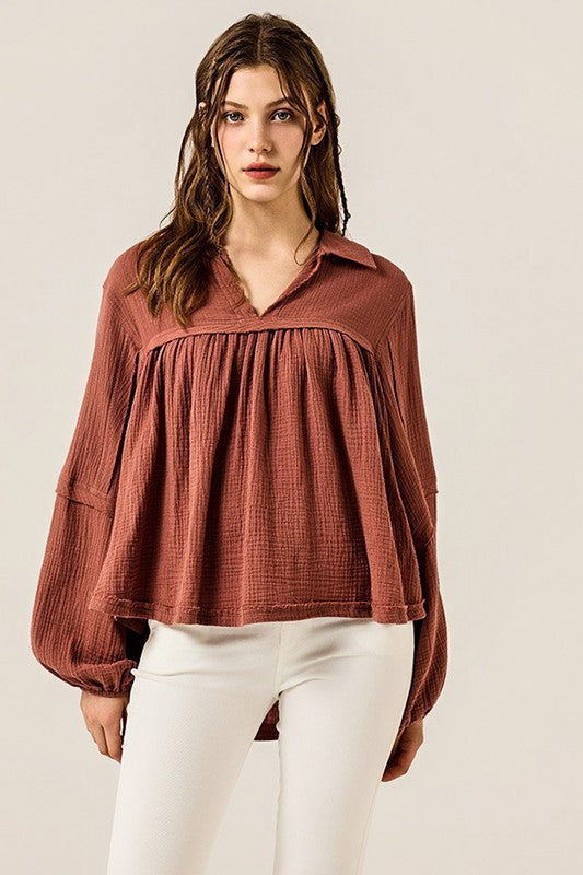 Women’s Plus V-Neck Cotton Bubble Sleeve Gauze Top | Zarnesh