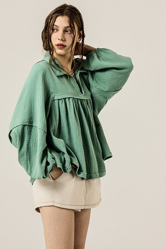 Women’s Plus V-Neck Cotton Bubble Sleeve Gauze Top | Zarnesh