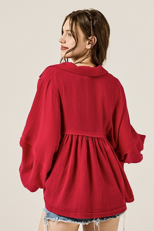 Women’s Plus V-Neck Cotton Bubble Sleeve Gauze Top | Zarnesh