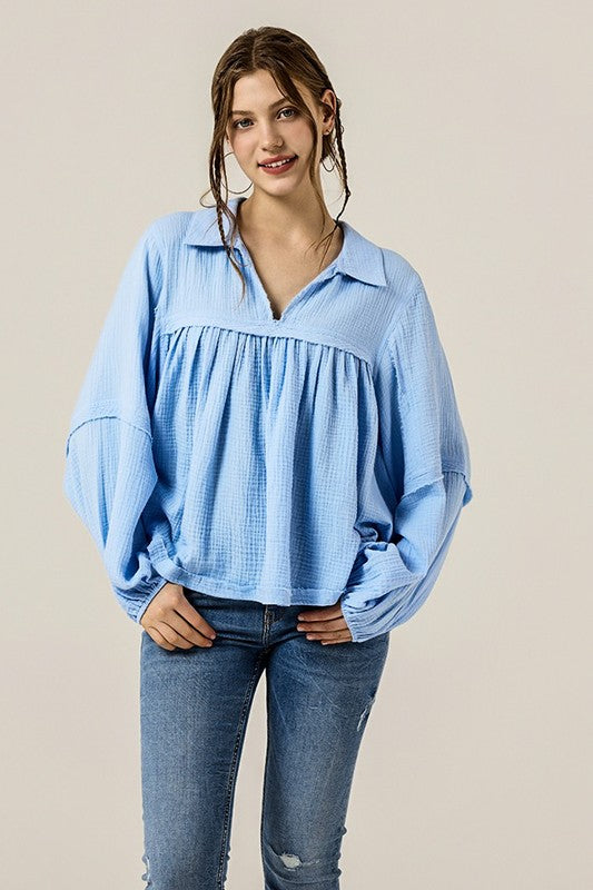 Women’s Plus V-Neck Cotton Bubble Sleeve Gauze Top | Zarnesh