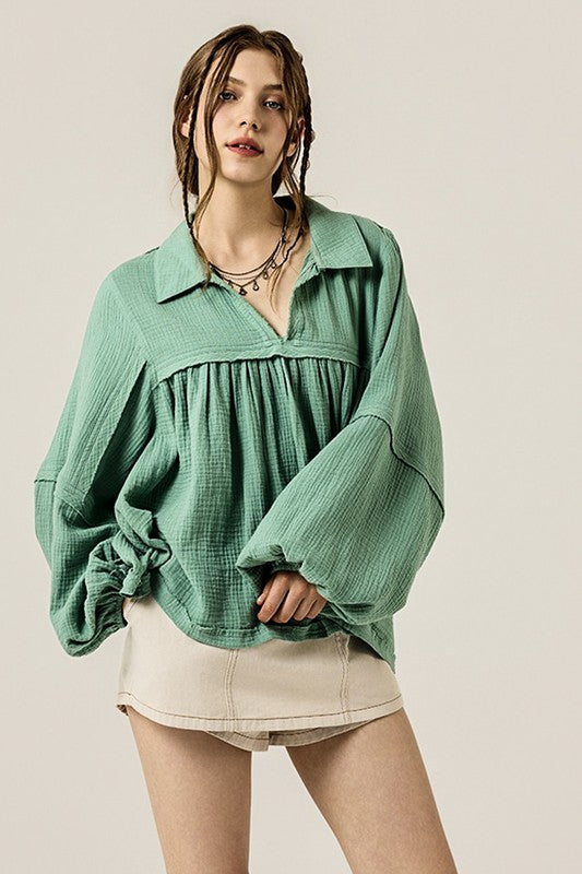 Women’s Plus V-Neck Cotton Bubble Sleeve Gauze Top | Zarnesh