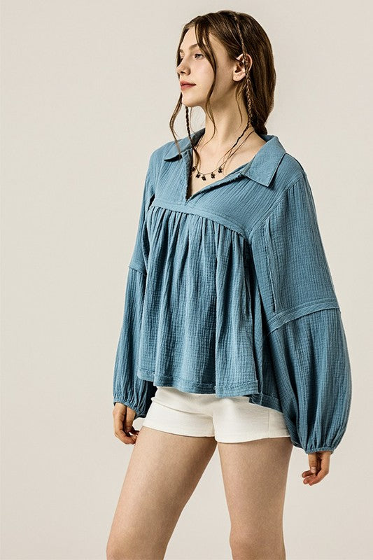 Women’s Plus V-Neck Cotton Bubble Sleeve Gauze Top | Zarnesh