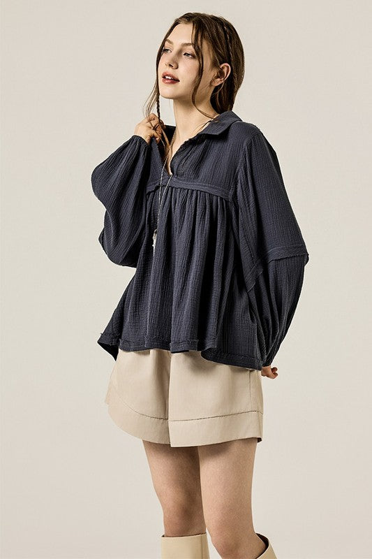 Women’s Plus V-Neck Cotton Bubble Sleeve Gauze Top | Zarnesh