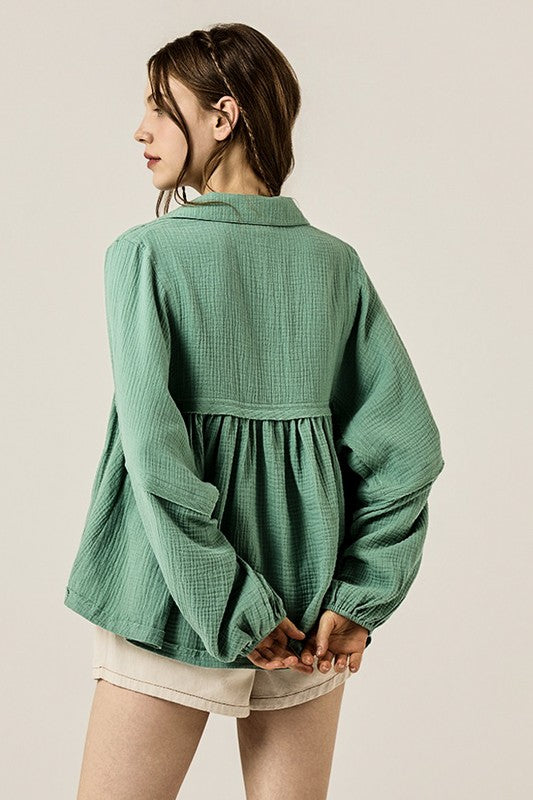 Women’s Plus V-Neck Cotton Bubble Sleeve Gauze Top | Zarnesh