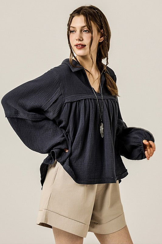 Women’s Plus V-Neck Cotton Bubble Sleeve Gauze Top | Zarnesh