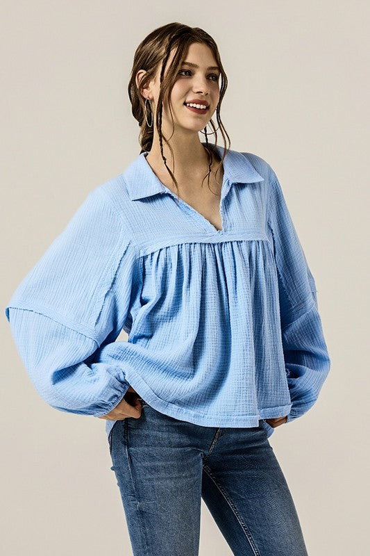 Women’s Plus V-Neck Cotton Bubble Sleeve Gauze Top | Zarnesh
