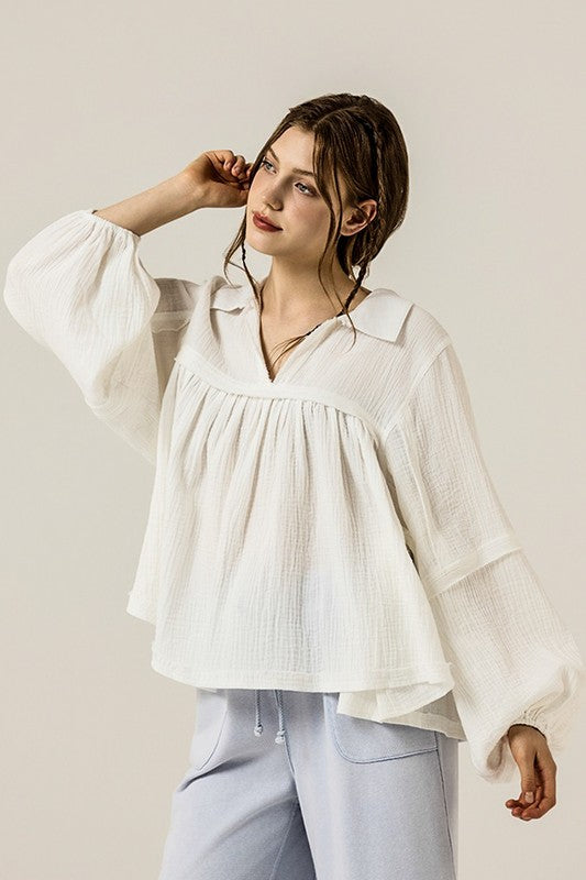 Women’s Plus V-Neck Cotton Bubble Sleeve Gauze Top | Zarnesh