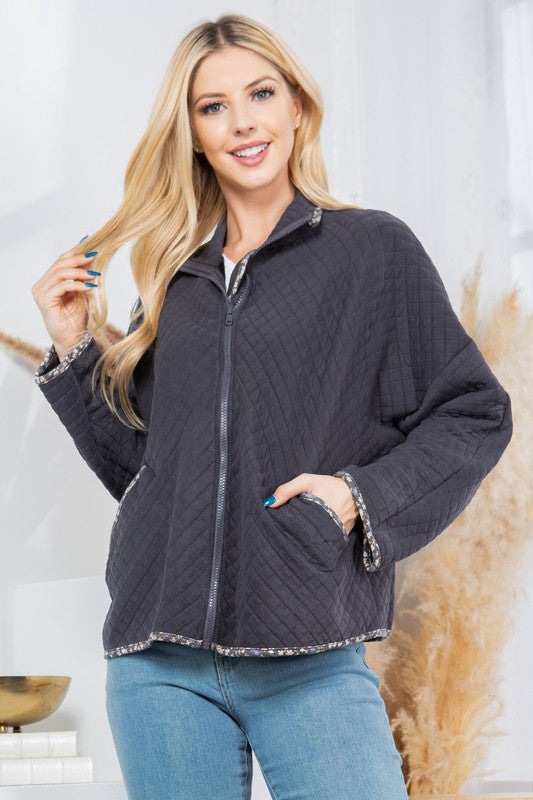 Women’s Quilted Pockets Mock Neck Trim Jacket | Zarnesh