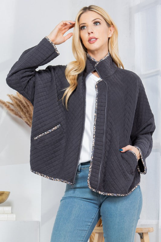 Women’s Quilted Pockets Mock Neck Trim Jacket | Zarnesh