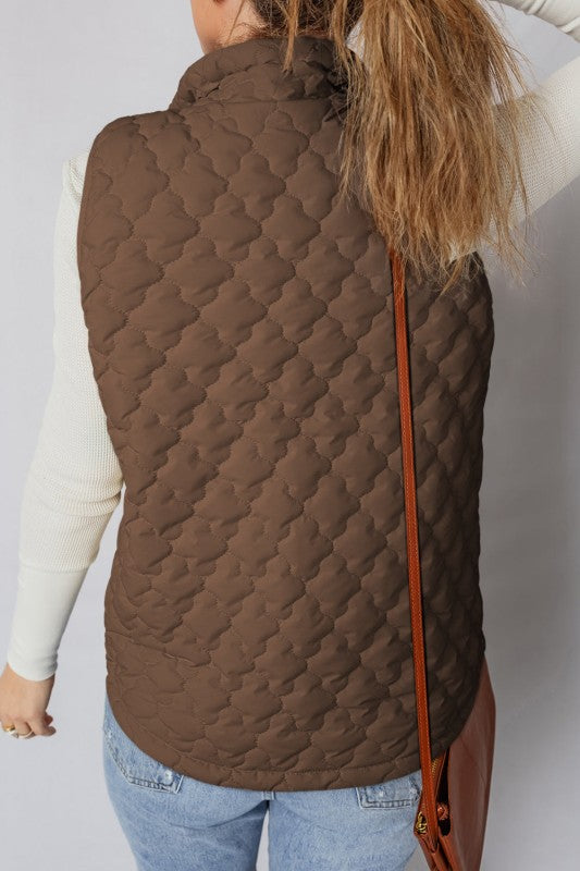 Women’s Quilted Snap Button Zip-Up Pocketed Vest | Zarnesh