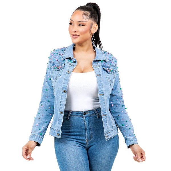 Women's Radiant Pearls Rhinestone Light Denim Jacket | Zarnesh 