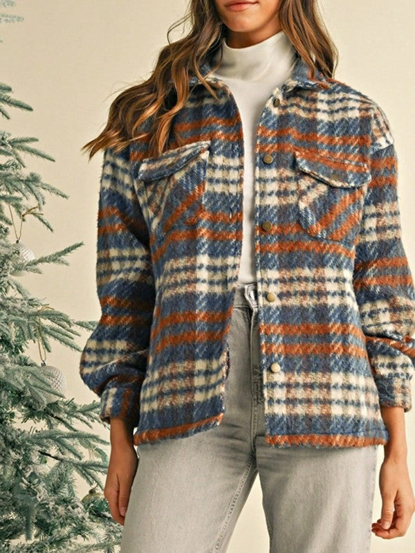 Women's Blue Red Mint Plaid Button Shacket Cardigan | Zarnesh