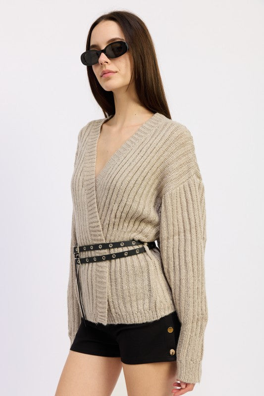 Women’s Ribbed Wrap Pullover Belted Waist Cardigan Sweater | Zarnesh
