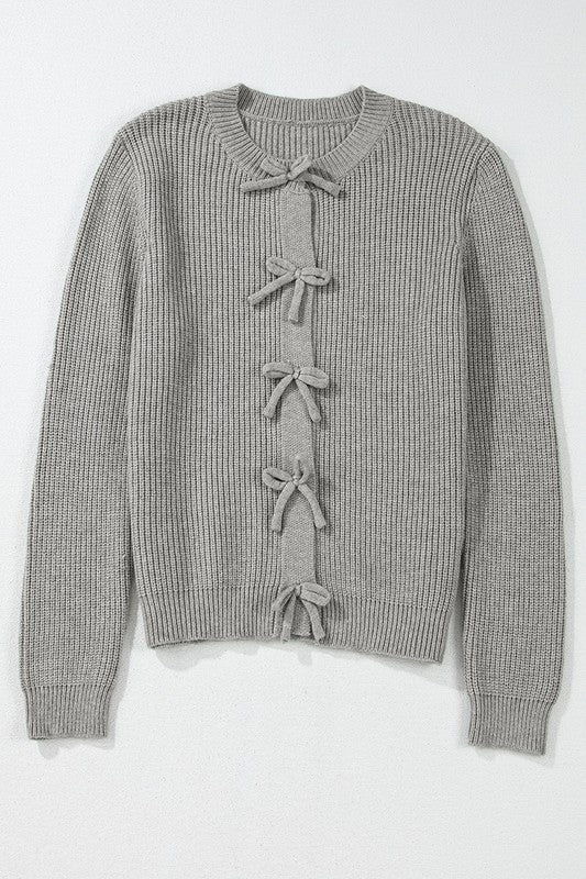Women’s Ribbed Knit Bow Front Buttoned Cardigan | Zarnesh