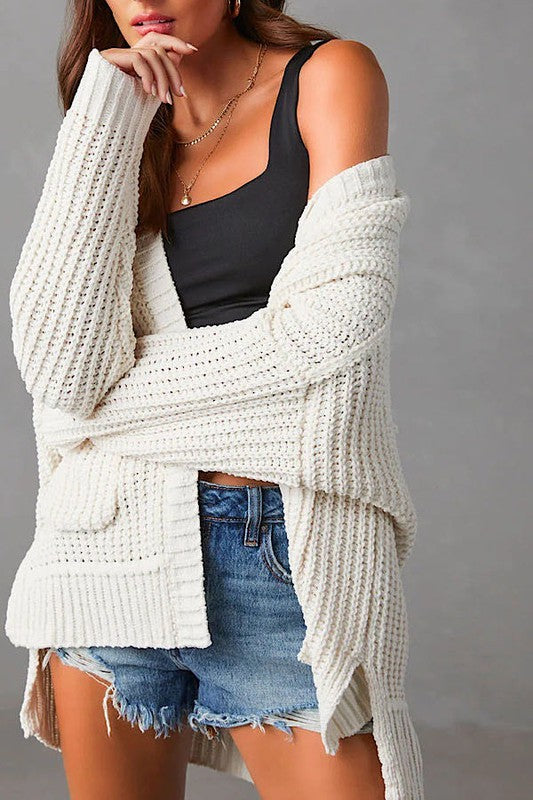 Women's Ribbed Knit Open Front Cardigan With Pockets | Zarnesh