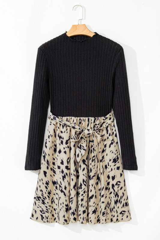 Women’s Ribbed Leopard Patchwork Knit Belted Dress | Zarnesh