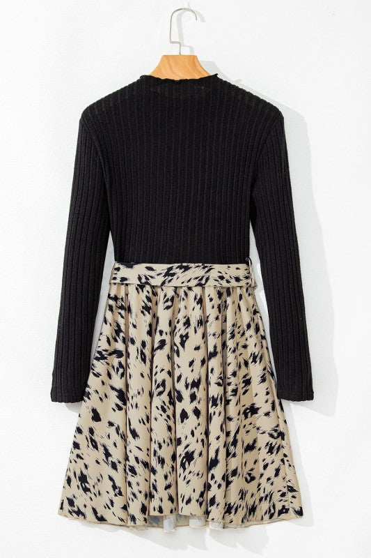 Women’s Ribbed Leopard Patchwork Knit Belted Dress | Zarnesh