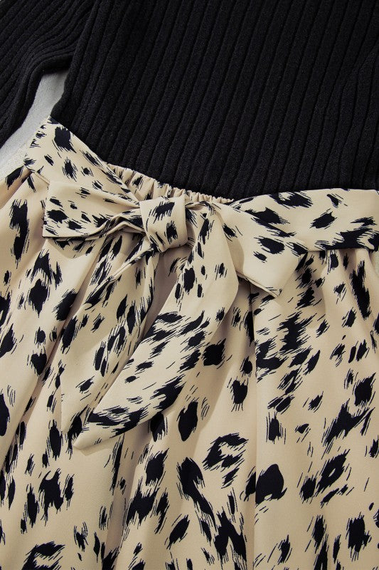 Women’s Ribbed Leopard Patchwork Knit Belted Dress | Zarnesh