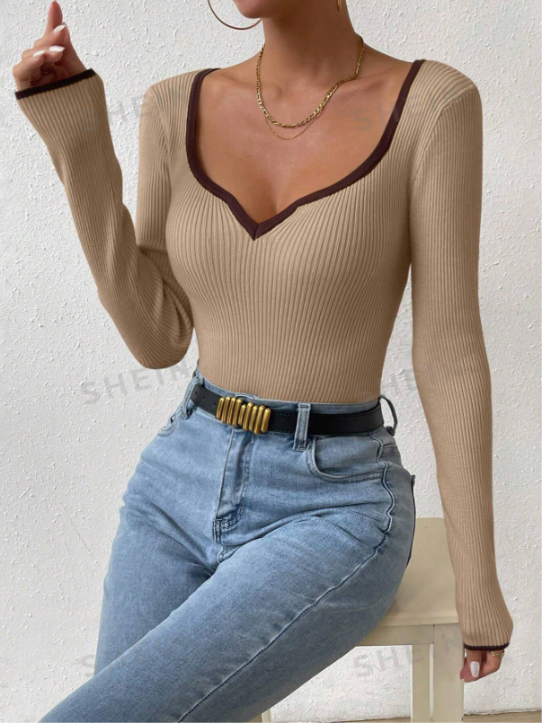Women's  Ribbed Long Sleeve Knit Top Shirt | Zarnesh