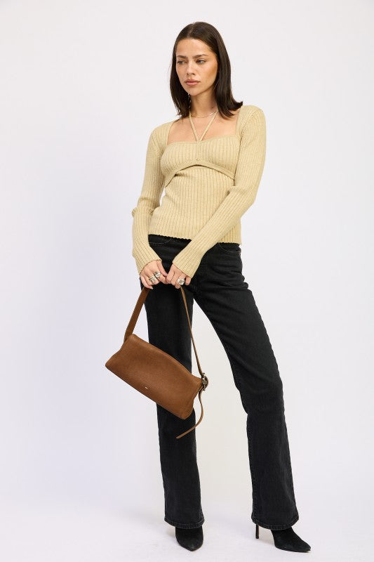 Women’s Ribbed Squared Neck Knit Top with Cut Out Detail | Zarnesh