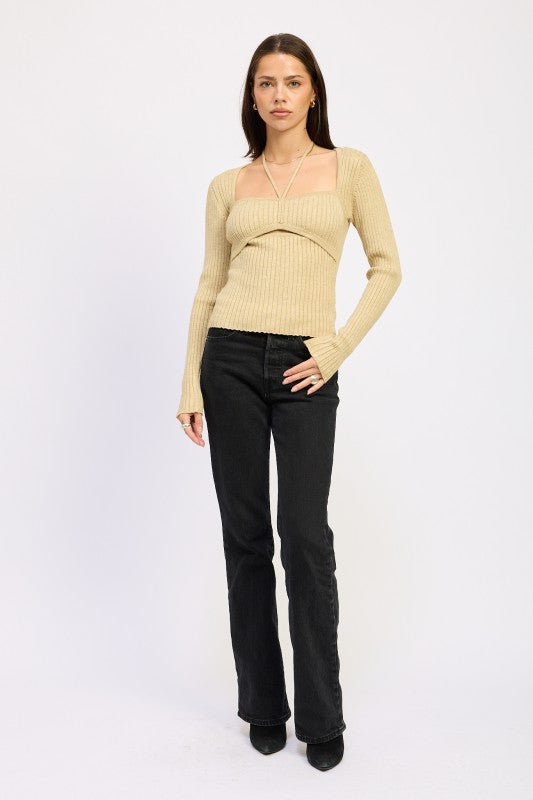 Women’s Ribbed Squared Neck Knit Top with Cut Out Detail | Zarnesh