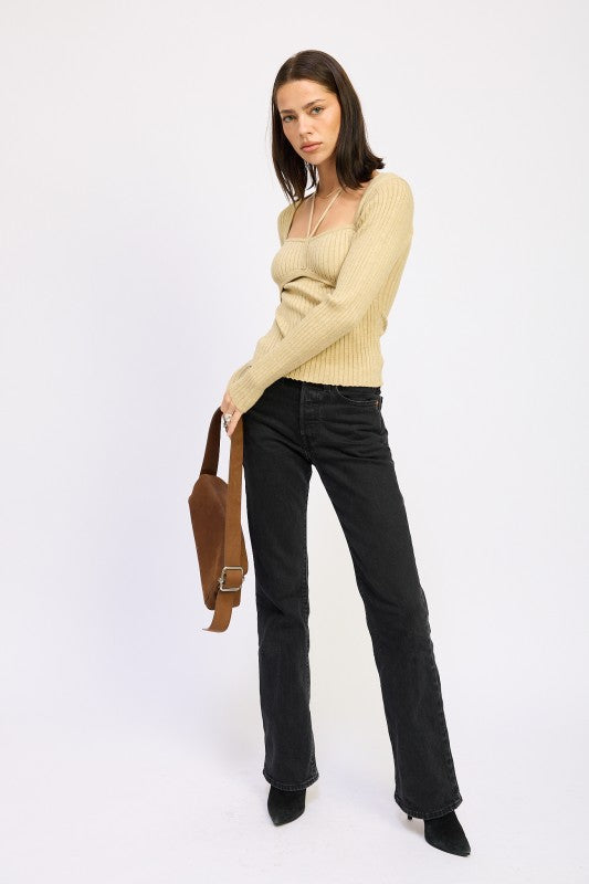 Women’s Ribbed Squared Neck Knit Top with Cut Out Detail | Zarnesh