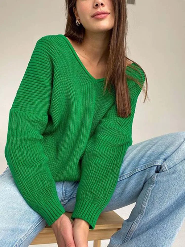 Women’s Ribbed V Neck Batwing Long Sleeve Sweater | Zarnesh