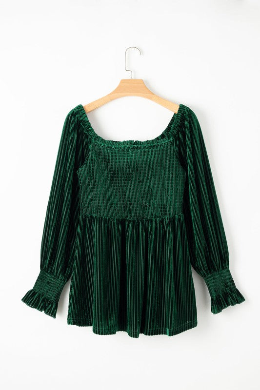 Women’s Ribbed Velvet Babydoll Smocked Tunic Blouse | Zarnesh