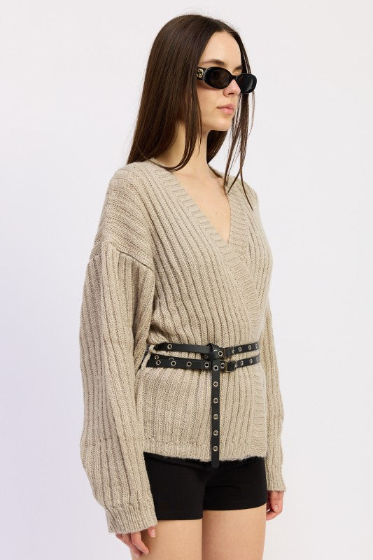 Women’s Ribbed Wrap Pullover Belted Waist Cardigan Sweater | Zarnesh