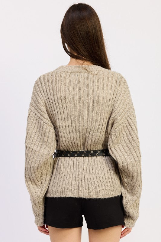 Women’s Ribbed Wrap Pullover Belted Waist Cardigan Sweater | Zarnesh