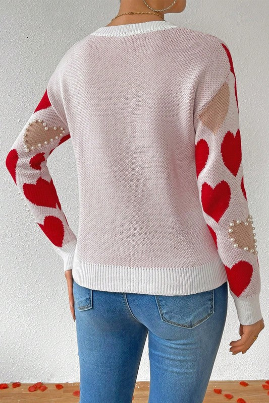 Women’s Round Neck Heart Shape Pearl Beads Sweater | Zarnesh