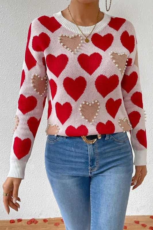 Women’s Round Neck Heart Shape Pearl Beads Sweater | Zarnesh