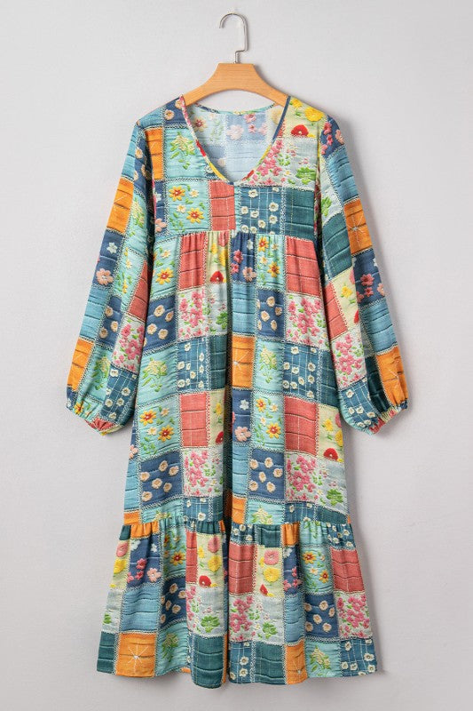 Women’s Ruffle Floral Patchwork Boho Patchwork Hem Midi Dress | Zarnesh