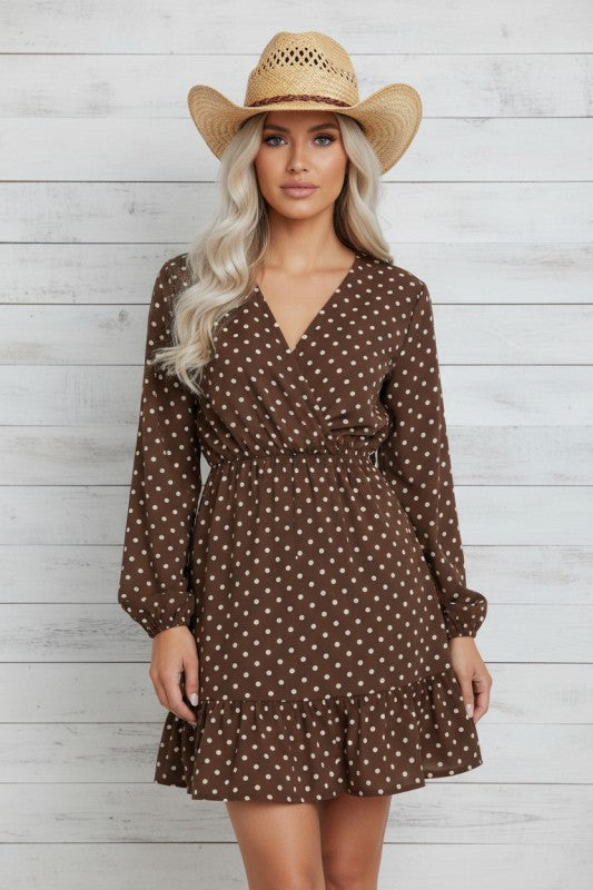 Women’s Ruffle Polka Dot Long Sleeve V-Neck Mini Dress | Zarnesh