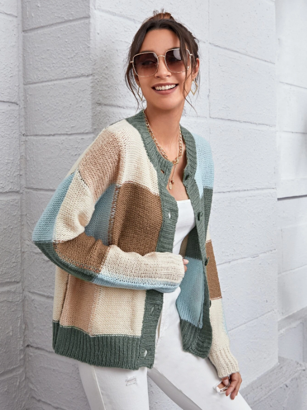 Women’s Colorblock plaid Knit Button Up Sweater Cardigan | Zarnesh