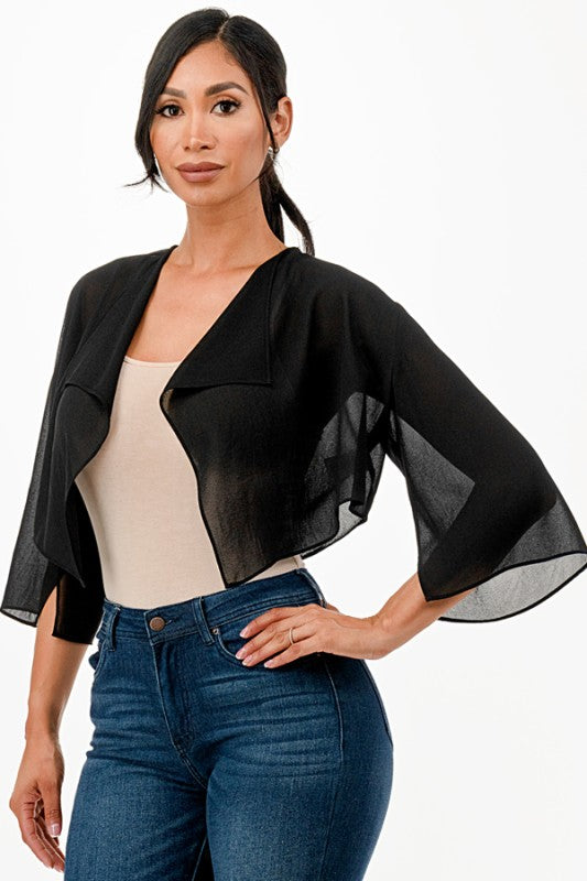 Women’s Sheer Chiffon Bolero 3/4 Sleeve Cascading Front Shrug | Zarnesh