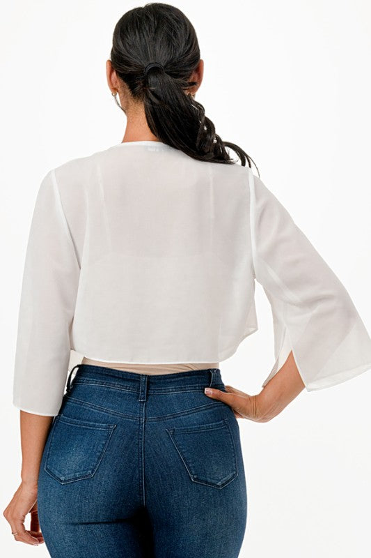 Women’s Sheer Chiffon Bolero 3/4 Sleeve Cascading Front Shrug | Zarnesh