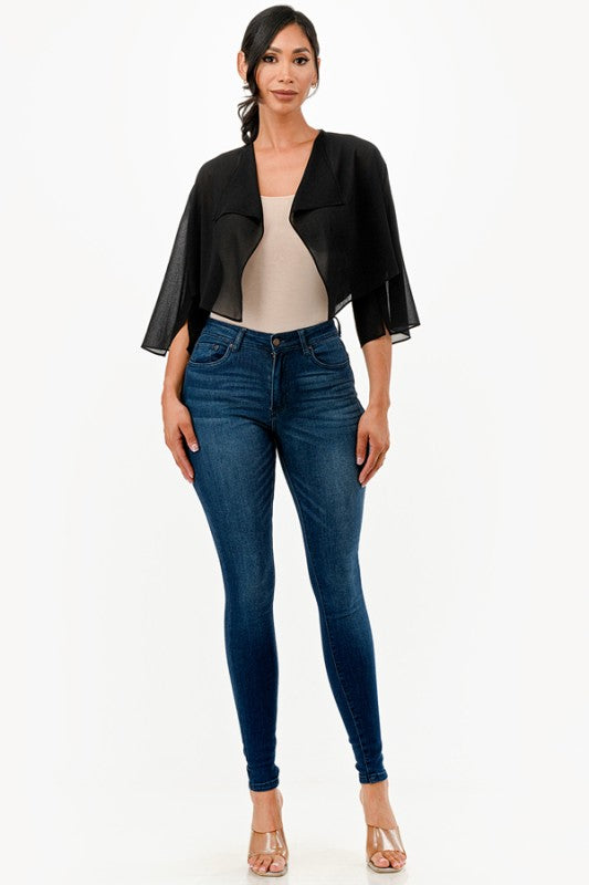 Women’s Sheer Chiffon Bolero 3/4 Sleeve Cascading Front Shrug | Zarnesh