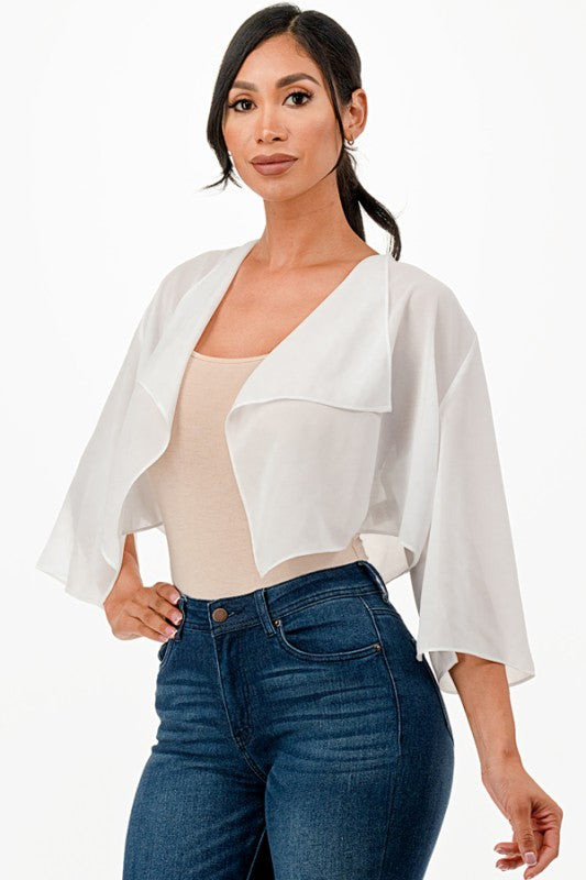 Women’s Sheer Chiffon Bolero 3/4 Sleeve Cascading Front Shrug | Zarnesh